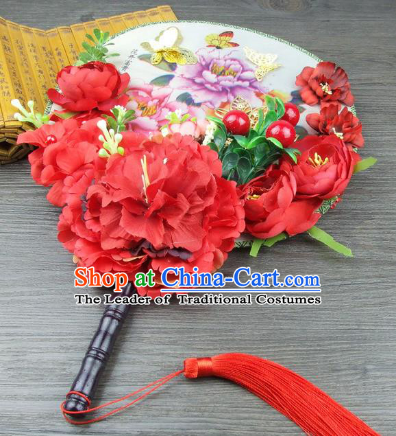 Traditional Handmade Chinese Ancient Wedding Red Flowers Butterfly Round Fans, Hanfu Palace Lady Bride Xiuhe Suit Mandarin Fans for Women