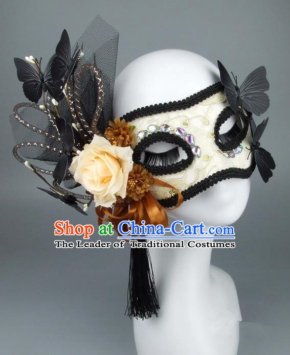 Handmade Halloween Fancy Ball Accessories Veil Butterfly Yellow Flower Mask, Ceremonial Occasions Miami Model Show Face Mask