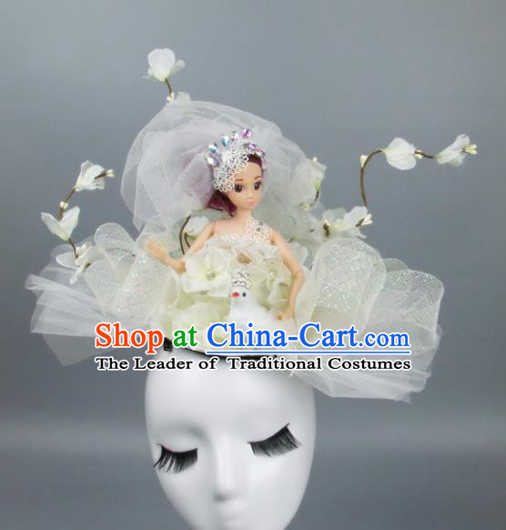 Handmade Halloween Fancy Ball Hair Accessories White Veil Headwear, Ceremonial Occasions Miami Model Show Headdress