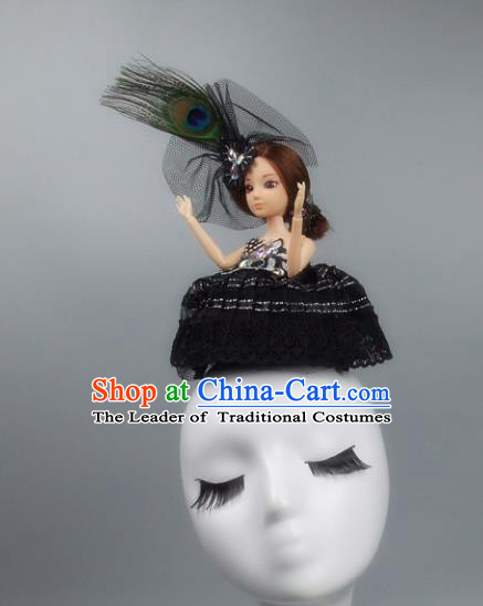 Handmade Halloween Fancy Ball Hair Accessories Black Veil Doll Headwear, Ceremonial Occasions Miami Model Show Headdress