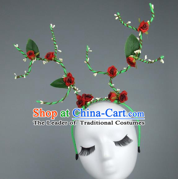 Handmade Halloween Fancy Ball Hair Accessories Red Flowers Headwear, Ceremonial Occasions Miami Model Show Headdress