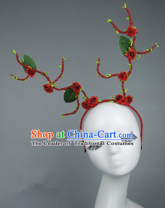 Handmade Halloween Fancy Ball Hair Accessories Red Flowers Headwear, Ceremonial Occasions Miami Model Show Headdress