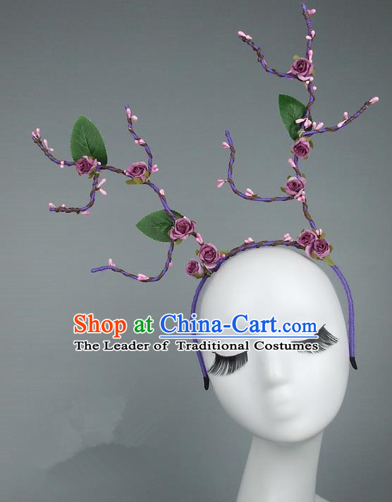 Handmade Halloween Fancy Ball Hair Accessories Purple Branch Flowers Headwear, Ceremonial Occasions Miami Model Show Headdress