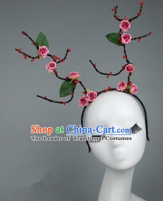 Handmade Halloween Fancy Ball Hair Accessories Pink Flowers Headwear, Ceremonial Occasions Miami Model Show Headdress