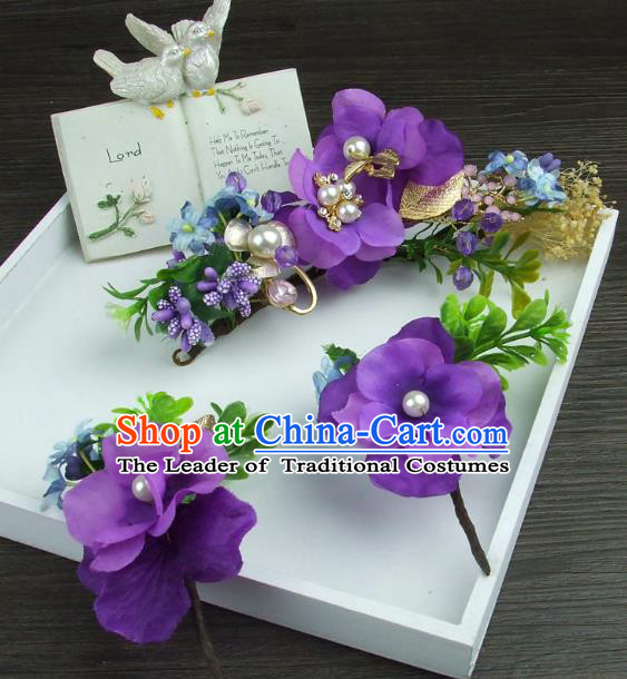 Top Grade Handmade Wedding Hair Accessories Purple Flowers Hair Stick, Baroque Style Bride Headwear for Women