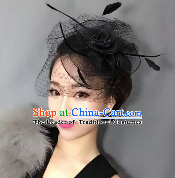 Top Grade Handmade Wedding Hair Accessories Black Feather Veil Headwear, Baroque Style Bride Silk Headdress for Women