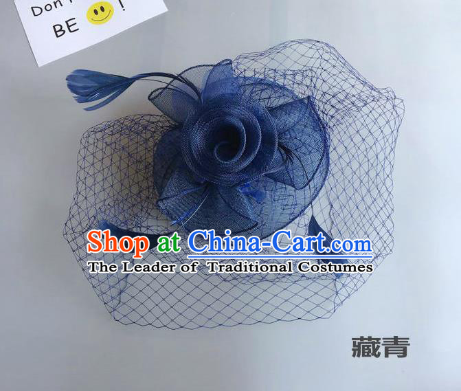 Top Grade Handmade Wedding Hair Accessories Navy Feather Veil Headwear, Baroque Style Bride Silk Headdress for Women