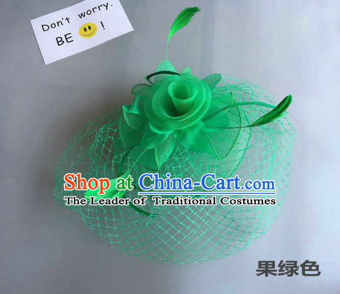 Top Grade Handmade Wedding Hair Accessories Green Feather Veil Headwear, Baroque Style Bride Silk Headdress for Women