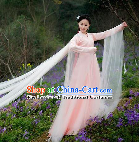 Asian Chinese Tang Dynasty Royal Princess Embroidered Costume, Ancient China Ten great III of peach blossom Palace Lady Fairy Embroidery Pink Dress Clothing