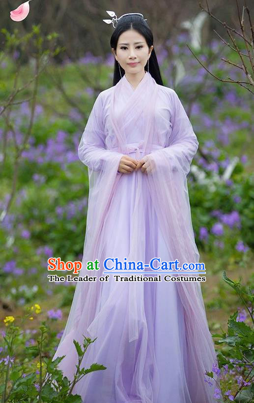 Asian Chinese Royal Princess Embroidered Costume, Ancient China Ten great III of peach blossom Tang Dynasty Palace Lady Fairy Purple Dress Clothing