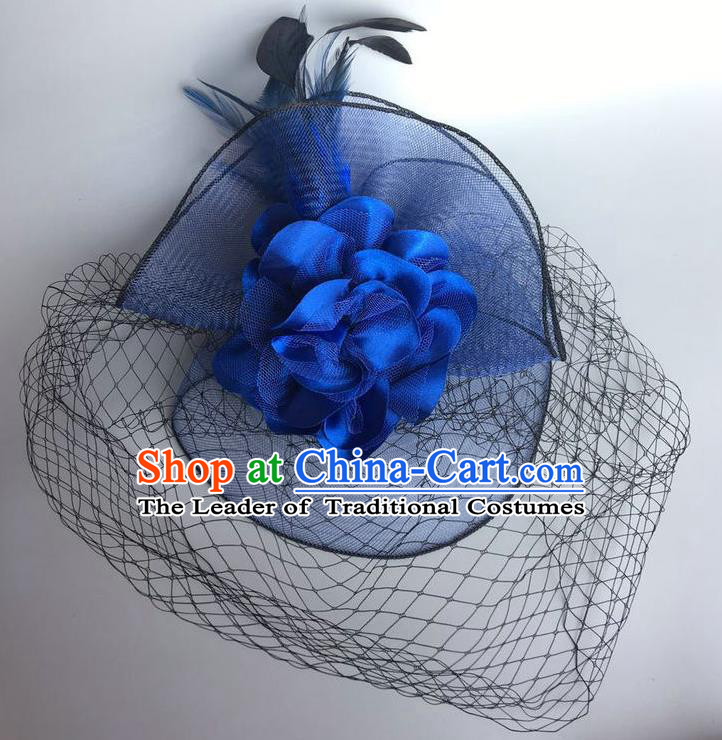 Handmade Vintage Hair Accessories Blue Veil Feather Headwear, Halloween Ceremonial Occasions Model Show Headdress