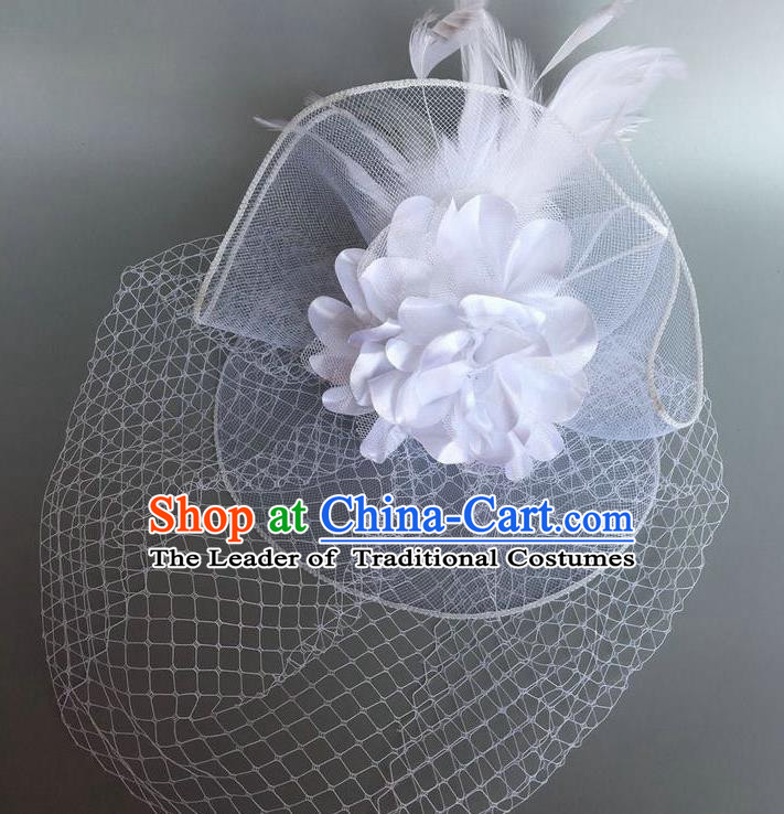 Handmade Vintage Hair Accessories White Veil Feather Headwear, Halloween Ceremonial Occasions Model Show Headdress