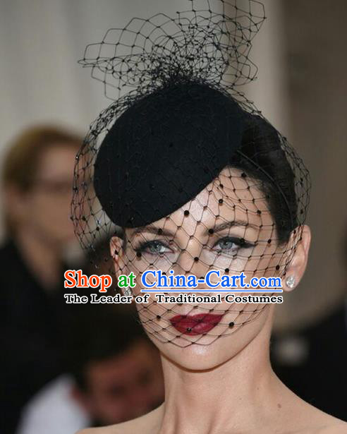 Handmade Vintage Hair Accessories Veil Black Top Hat Headwear, Bride Ceremonial Occasions Model Show Headdress