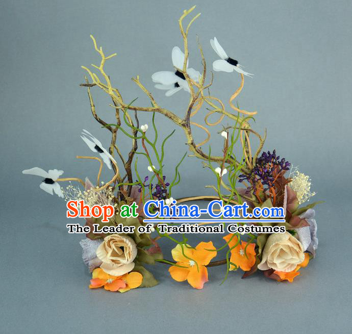 Handmade Exaggerate Fancy Ball Hair Accessories Branch Flowers Headwear, Halloween Ceremonial Occasions Model Show Headdress