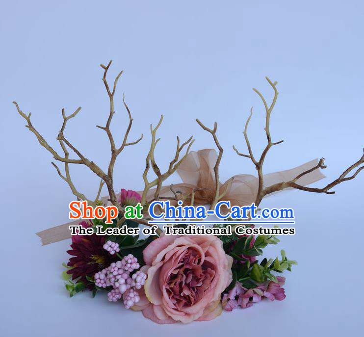 Handmade Exaggerate Fancy Ball Hair Accessories Branch Pink Flowers Headwear, Halloween Ceremonial Occasions Model Show Headdress