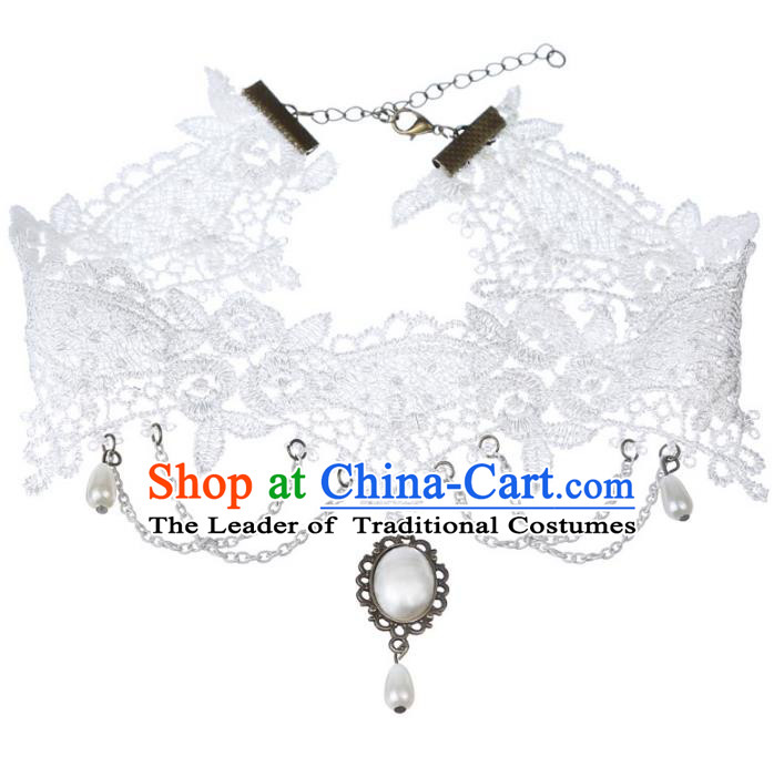 Handmade Wedding Accessories White Lace Pearls Tassel Necklace, Bride Ceremonial Occasions Vintage Necklet for Women