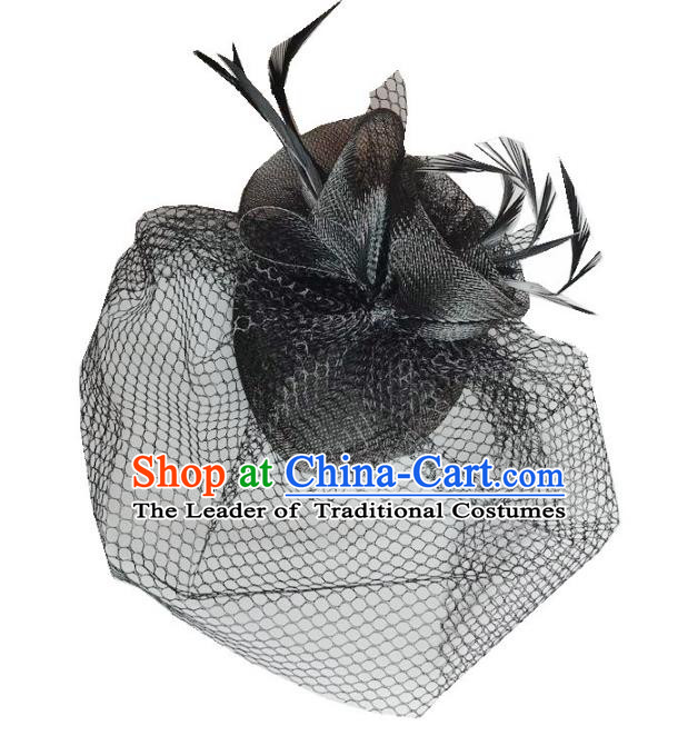 Handmade Baroque Hair Accessories Black Feather Headwear, Bride Ceremonial Occasions Vintage Veil Top Hat for Women