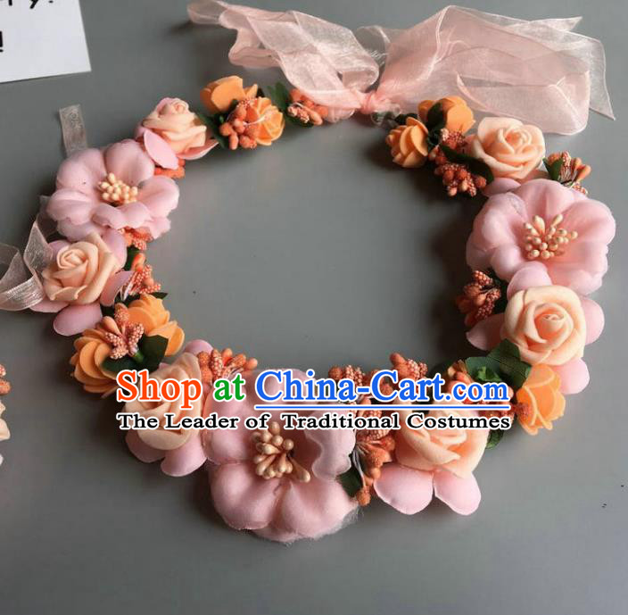 Handmade Baroque Wedding Hair Accessories Light Pink Flowers Garland Headwear, Bride Ceremonial Occasions Vintage Hair Clasp for Women