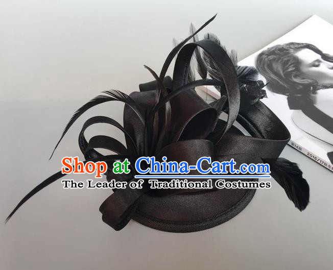 Handmade Wedding Hair Accessories Black Feather Headwear, Bride Ceremonial Occasions Vintage Top Hat