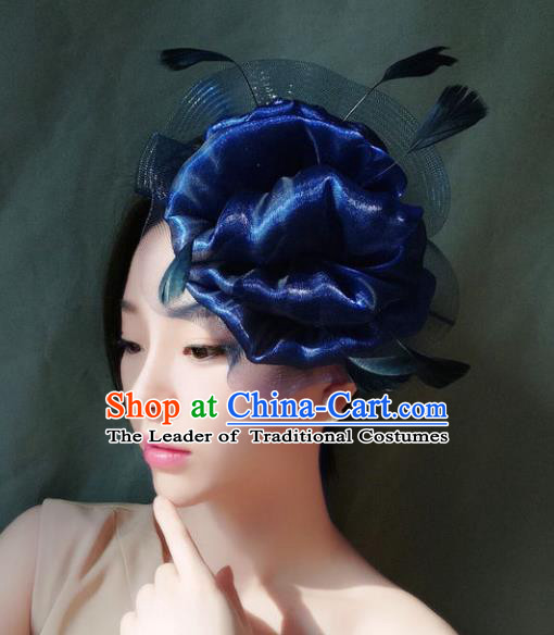 Handmade Baroque Hair Accessories Model Show Blue Feather Hair Stick, Bride Ceremonial Occasions Headwear for Women