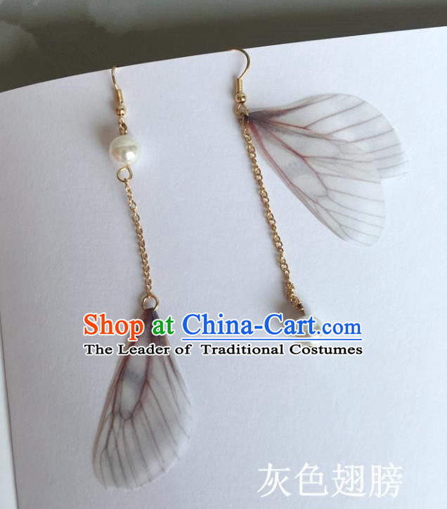 Handmade Wedding Accessories Grey Wing Earrings, Bride Ceremonial Occasions Pearl Tassel Eardrop for Women