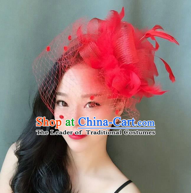 Handmade Baroque Hair Accessories Red Feather Headwear, Bride Ceremonial Occasions Veil Headpiece for Women