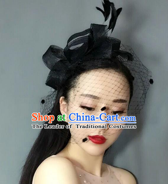 Handmade Baroque Hair Accessories Black Feather Headwear, Bride Ceremonial Occasions Veil Hat for Women