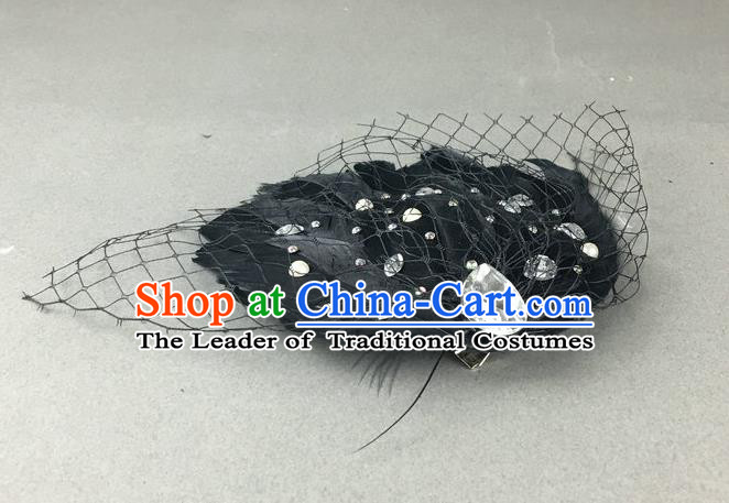 Handmade Baroque Hair Accessories Ballet Dance Hair Stick, Bride Ceremonial Occasions Black Feather Headwear for Kids