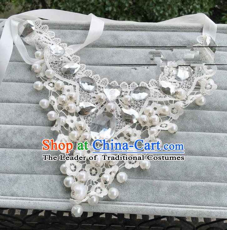 Handmade Wedding Accessories Lace Necklace, Bride Ceremonial Occasions Vintage Pearls Necklet for Women