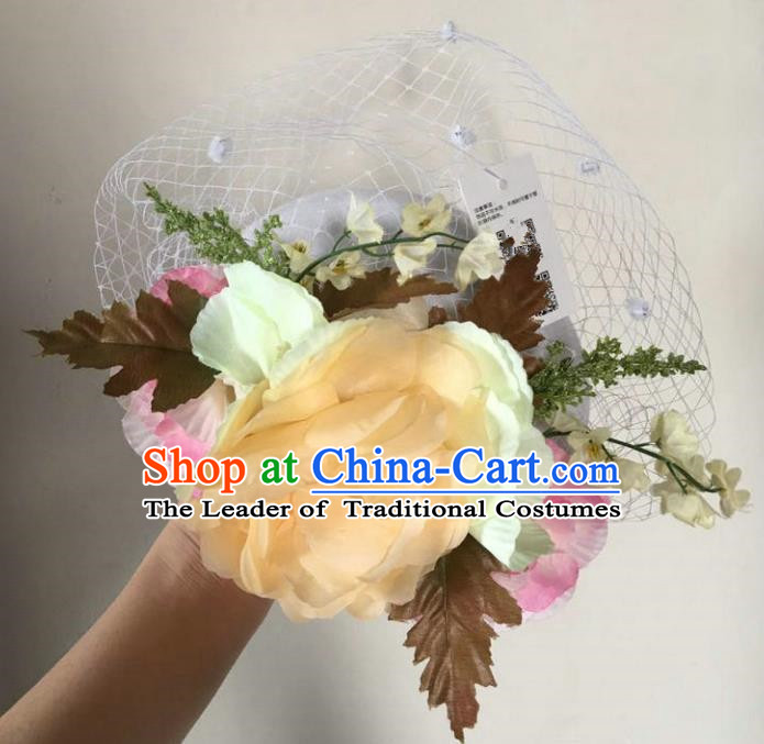 Top Grade Handmade Wedding Hair Accessories Veil Yellow Flowers Headwear, Baroque Style Bride Pearls Top Hat for Women