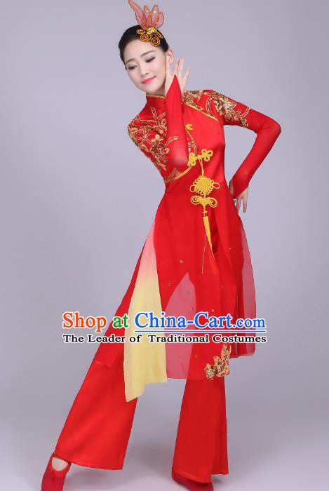 Traditional Chinese Yangge Fan Dance Embroidered Costume, Folk Lotus Dance Uniform Classical Dance Red Clothing for Women