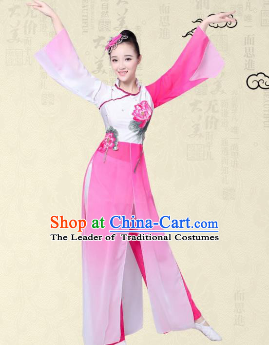 Traditional Chinese Yangge Fan Dance Embroidered Costume, Folk Lotus Dance Uniform Classical Dance Pink Clothing for Women