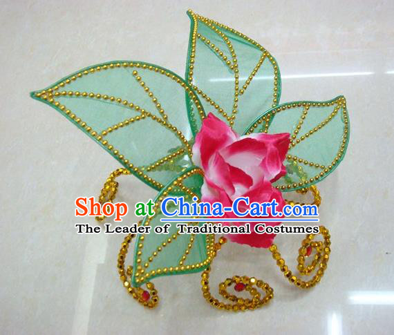 Top Grade Handmade Chinese Folk Dance Hair Accessories, China Yangge Fan Dance Rosy Flower Headwear for Women