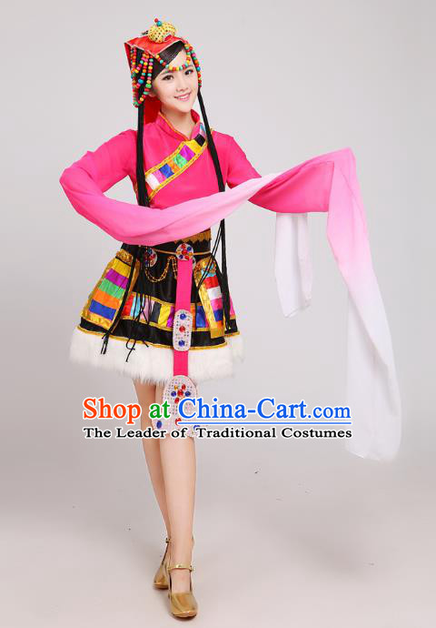 Traditional Chinese Zang Nationality Dance Costume, China Tibetan Minority Embroidery Water Sleeve Pink Dress for Women