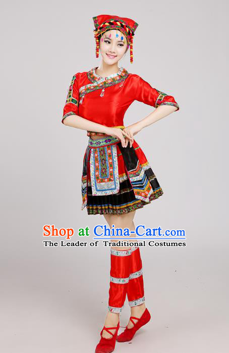 Traditional Chinese Miao Nationality Dance Costume, China Hmong Minority Embroidery Red Dress for Women