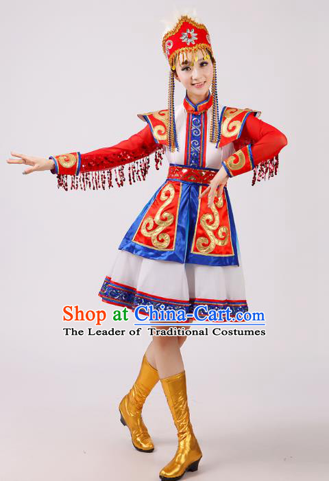 Traditional Chinese Mongol Nationality Dance Costume, China Mongolian Minority Embroidery Red Dress Clothing for Women