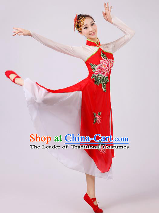 Traditional Chinese Umbrella Dance Red Embroidered Costume, Folk Dance Uniform Classical Dance Dress Clothing for Women