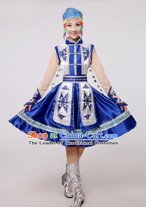 Traditional Chinese Mongol Nationality Dance Costume Blue Mongolian Robe, China Minority Embroidery Dress Clothing for Women