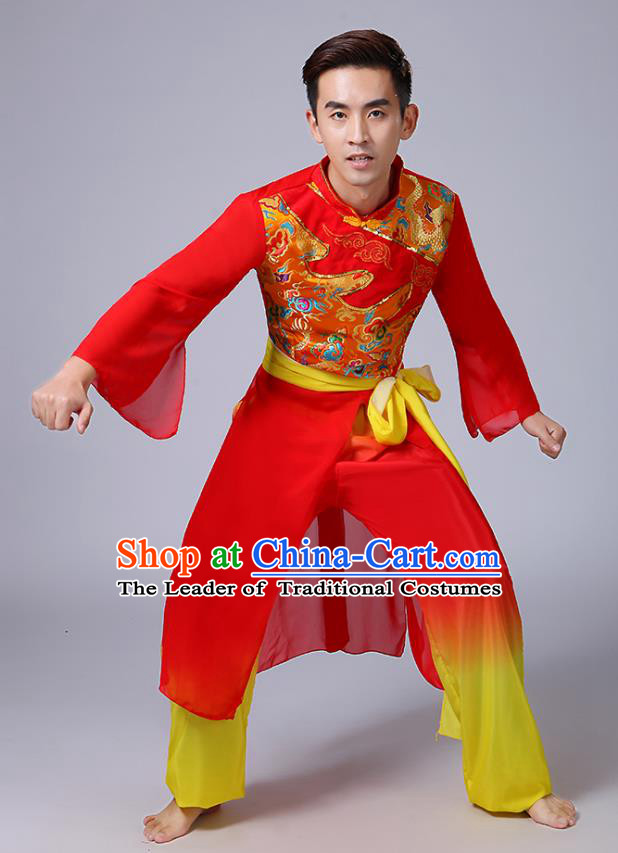 Traditional Chinese Classical Yanko Dance Red Costume, Folk Yangge Fan Dance Uniform Waist Drum Dance Clothing for Men