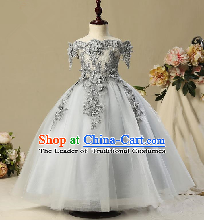Children Modern Dance Flower Fairy Costume, Classic Chorus Group Clothing Princess Grey Bubble Veil Dress for Girls