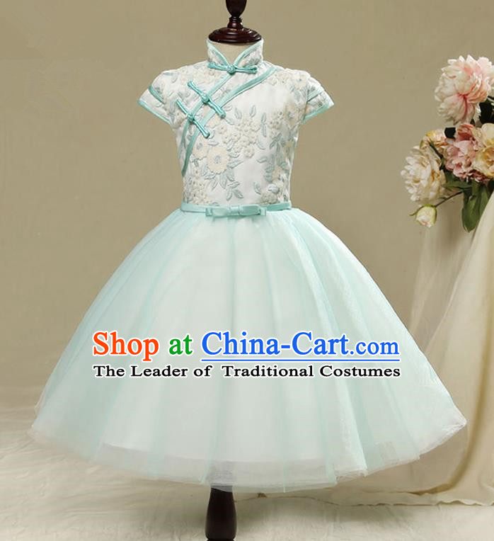 Children Modern Dance Flower Fairy Costume, Chorus Group Clothing Princess Cheongsam Green Bubble Veil Short Dress for Girls