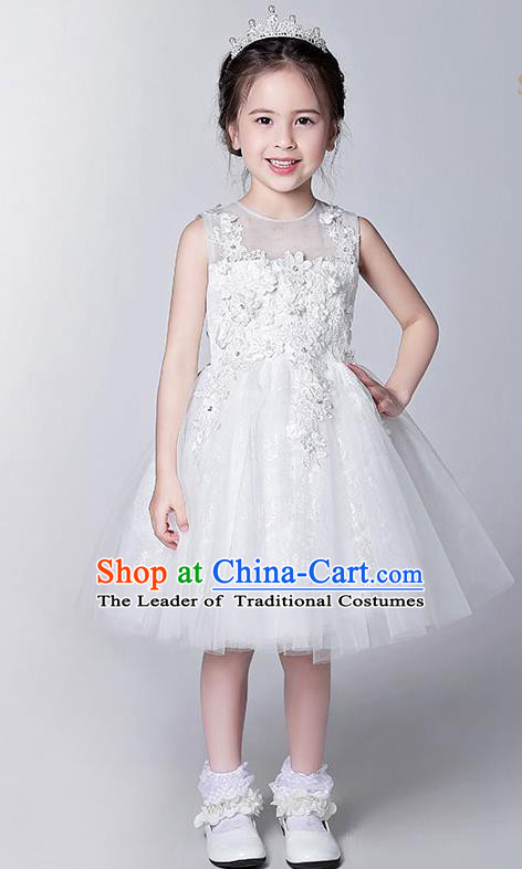 Children Modern Dance Flower Fairy Costume White Bubble Dress, Performance Model Show Clothing Princess Veil Dress for Girls