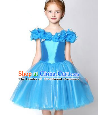 Children Modern Dance Flower Fairy Costume Blue Short Bubble Dress, Performance Model Show Clothing Princess Veil Full Dress for Girls