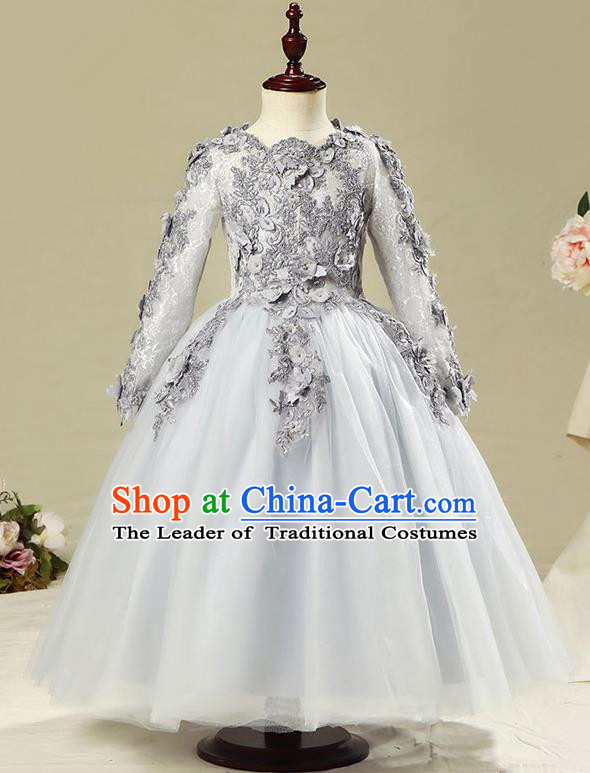 Children Modern Dance Flower Fairy Costume Grey Bubble Dress, Performance Model Show Clothing Princess Veil Long Full Dress for Girls