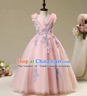 Children Modern Dance Costume Embroidery Pink Dress, Ceremonial Occasions Model Show Princess Veil Full Dress for Girls