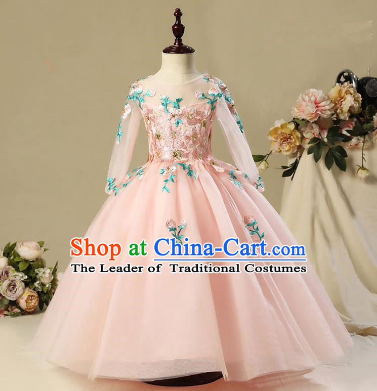 Children Model Show Dance Costume Embroidery Christmas Pink Long Sleeve Dress, Ceremonial Occasions Catwalks Princess Full Dress for Girls