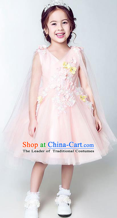 Children Model Show Dance Costume Embroidery Pink Bubble Dress, Ceremonial Occasions Catwalks Princess Short Full Dress for Girls