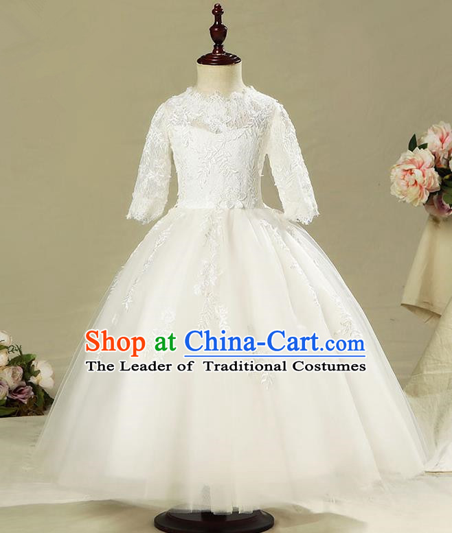 Children Model Show Dance Costume White Veil Dress, Ceremonial Occasions Catwalks Princess Full Dress for Girls