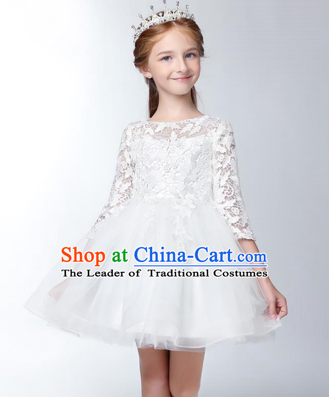 Children Model Show Dance Costume Embroidered White Lace Dress, Ceremonial Occasions Catwalks Princess Full Dress for Girls