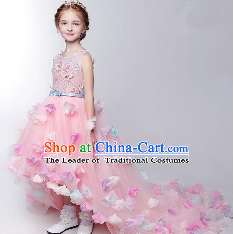 Children Christmas Model Show Dance Costume Flower Fairy Pink Trailing Dress, Ceremonial Occasions Catwalks Princess Full Dress for Girls